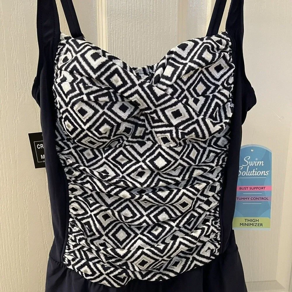 Swim Solutions Skirted Skater Swimsuit Swimdress Navy Blue Women's Size 8 NWT - Picture 3 of 11